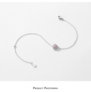 Detail view of S925 sterling silver chain with pink heart gemstone and lobster clasp