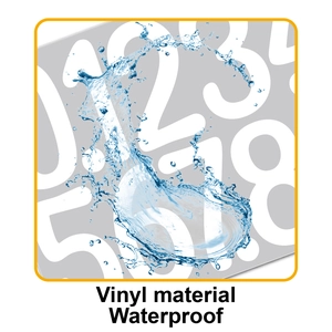 Water splash on 4-inch vinyl number stickers demonstrating waterproof material