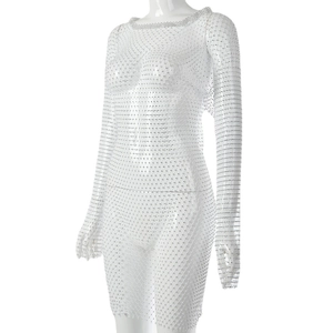 Elegantes weißes langärmliges Netzkleid mit funkelnden Strasssteinen für glamouröse Partys