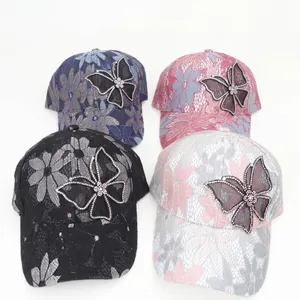 Lace baseball caps for women with butterfly rhinestone detail in four assorted colors