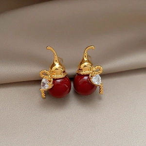 Gold plated sterling silver stud earrings with red gourd pendant and heart zircon details