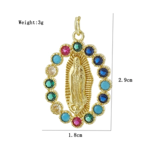 Macro detail of gold oval Virgin Mary pendant with colorful zircon stones and size specs