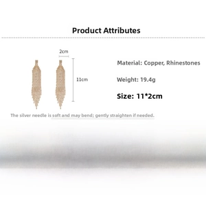 Détail des boucles d'oreilles longues à glands en strass montrant les dimensions 11x2cm