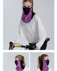 Detail of purple breathable sun protection face mask with Sport logo and ear loops