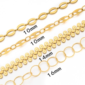 Detailed view of four golden stainless steel DIY chain styles in 10mm to 16mm widths