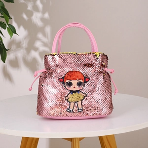 Pink sequin kids handbag with cute cartoon character and drawstring closure