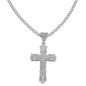 Silver cross necklace with crown detail and sparkling crystals on a white background
