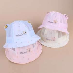 Cappello da Sole Estivo per Bambini Traspirante in Rete da Pescatore con Simpatico Orso Cuore Pois Cotone per Neonati