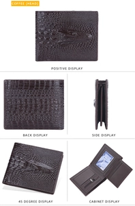 Multiple views of men's brown alligator pattern wallet with multi-card slots and coin pocket