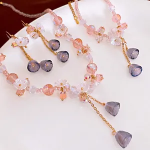 Elegant floral jewelry set with pink crystal beads and purple bellflower pendants