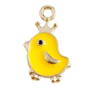 Cute yellow enamel chick pendant with golden crown and wings for DIY jewelry making