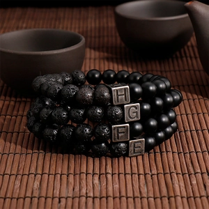 Vintage Natural Volcanic Lava Stone Matte Black Agate Beaded Bracelet With Stainless Steel Alphabet Initial Letter Cube For Men Women Unisex Jewelry