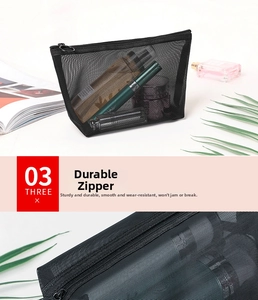 Close-up of the durable black zipper on this large capacity mesh makeup organizer bag