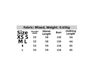 Size chart showing bust and length measurements for women short trench coat outerwear