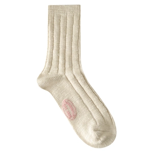 Calze a metà polpaccio in maglia a coste bianco crema con patch rosa del marchio