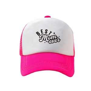 Pink and white mesh trucker hat with BEST MOM EVER text print for outdoor sun protection