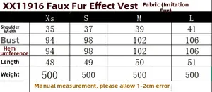 Detailed size chart for faux fur vest showing shoulders, bust, and length measurements
