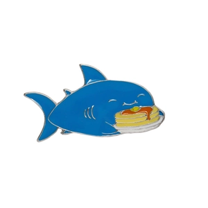 Blue shark enamel pin eating pancakes, cute marine life metal brooch for bag decor