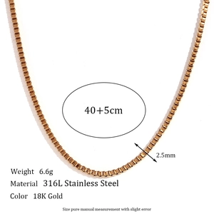 Detailed specs of 18K gold plated stainless steel box chain 40+5cm length