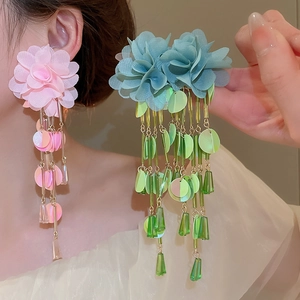 Detail of floral chiffon tassel earrings with iridescent sequins and beads in pink and blue