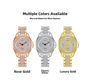 Close-up of three luxury women's quartz watches in rose gold, silver, and gold with full rhinestones