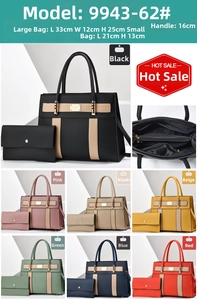 Detail view of large tote bag and matching pouch set with size specs in various colors