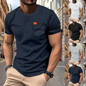 Men's cotton t-shirts with front pocket showing navy blue, white, black and grey options