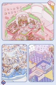 Detail of 3D layered miniature stickers featuring cute cartoon animal room scenes