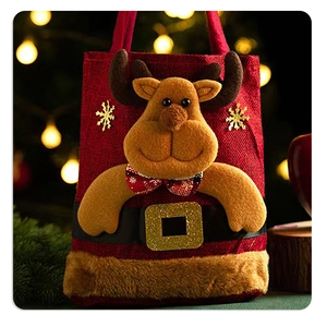 Detail of Christmas gift bag with 3D plush reindeer, red burlap texture, and faux fur trim