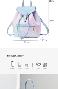 Detailed size specifications of the gradient floral backpack showing 21x26x13cm dimensions