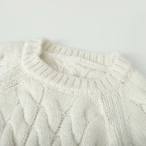 Close-up of the classic round neckline and textured cable knit pattern on a white sweater