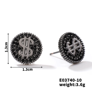 Macro view of dollar sign stud earring in gun black with inlaid black zircons