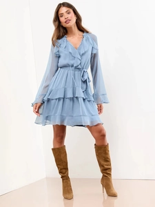Chiffon Mini Dress For Women Solid Color Ruffle Trim V Neck Flare Long Sleeve Elegant Tie Waist Casual Fashion