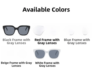 Detailed view of oversized square sunglasses in five colors: black, red, blue, beige, and white