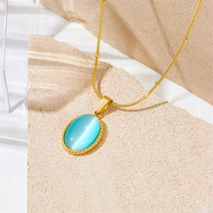 18k gold plated stainless steel necklace with sky blue pendant and beads on stone base
