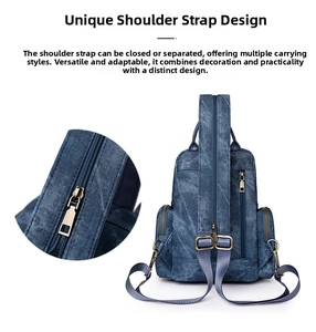 Detail of convertible denim backpack strap with zipper for dual-way carrying functionality