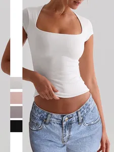 T-Shirt Femme Manches Courtes Col Carré Polyester Élasthanne Coupe Ajustée Élastique Yoga Sport Casual Doux Respirant