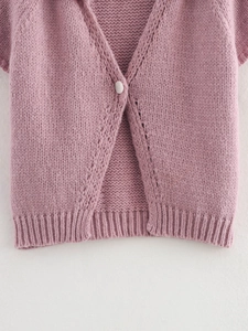 Close-up of pink knit cardigan showing texture, white button, and ribbed hem detail
