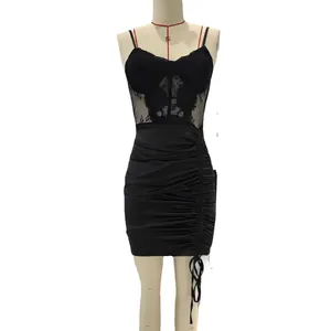 Black satin and lace patchwork bodycon mini dress with ruched drawstring details