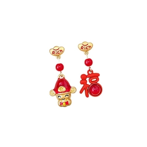 Asymmetric Chinese God of Wealth stud earrings with gold and red Fu character charms