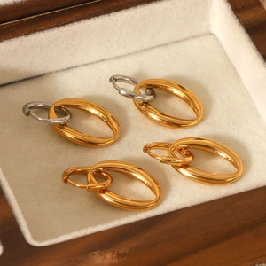 Close-up of geometric oval nesting earrings in gold and silver finish on a jewelry box