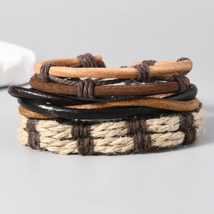 Handmade multilayer leather bracelet set with woven hemp rope in brown and black tones