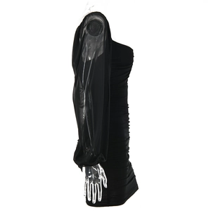 Side view of a tight black mini dress with sheer mesh long sleeves on a mannequin