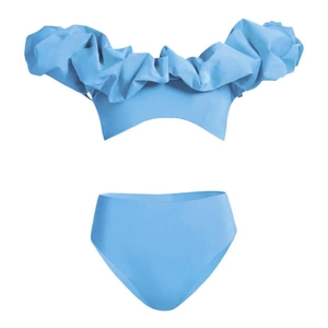 Detail of light blue two-piece bikini featuring stylish ruffle off-shoulder puff sleeves