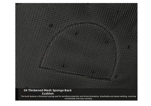 Detail of breathable padded mesh back panel on tactical chest bag for shock absorption