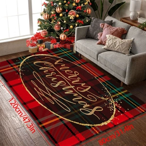 Detail of red and green plaid Christmas rug with Merry Christmas text and size 120x80cm