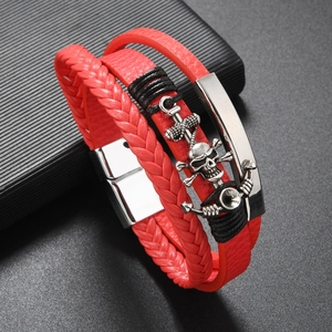 Men's multilayer red leather braided bracelet with silver pirate skull and anchor charms