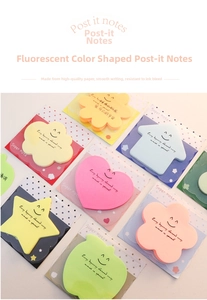 Flat lay of diverse fluorescent sticky notes in heart, star, cloud, and house shapes