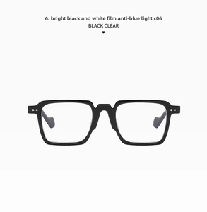 Detailed front view of square black frames with clear anti-blue light lenses and metal rivets