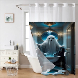 Detail der wasserdichten 3D-Digitaldruck-Duschvorhang mit blau-weißem Geistermotiv